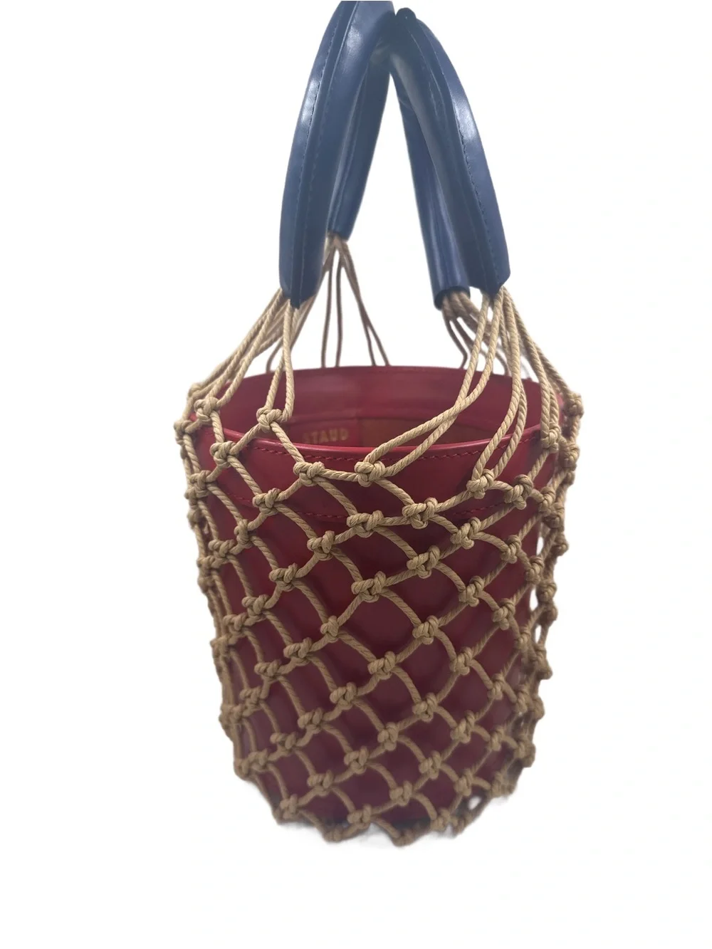 STAUD Moreau Cage Bucket Bag Red Blue Leather Macrame Net Top Handle